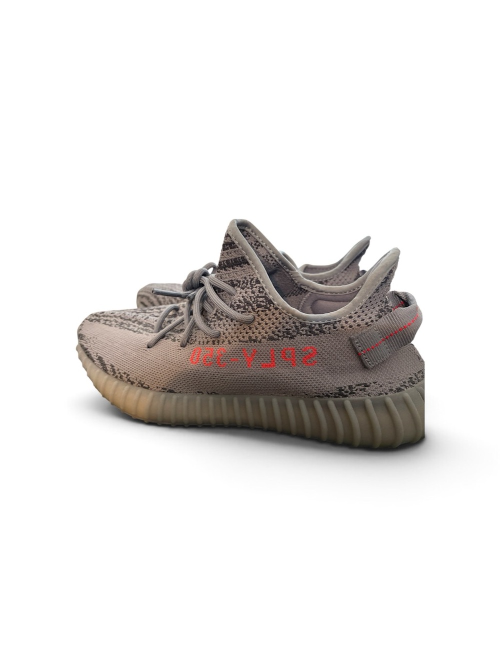 Yeezy Boost 350 V2 Taupe Knit Sneakers with Red Accent